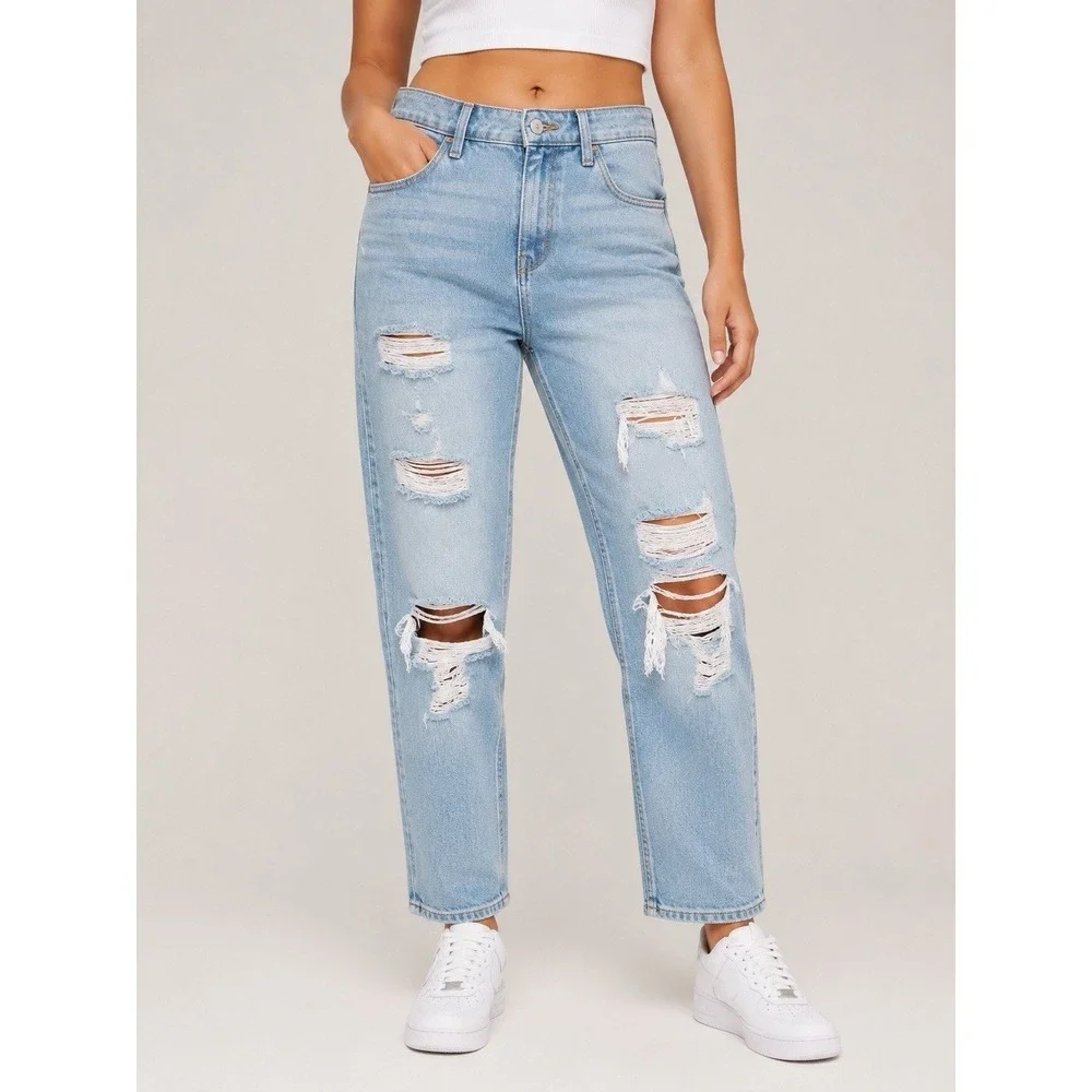 Hollister Ultra High Rise Mom Jeans W32 L27 Distressed Ripped Light Wash 15R